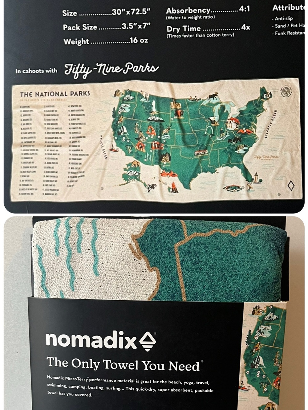 NWT Nomadix Original The Only Towel You Need National Parks 59 Parks 30” x 72.5”